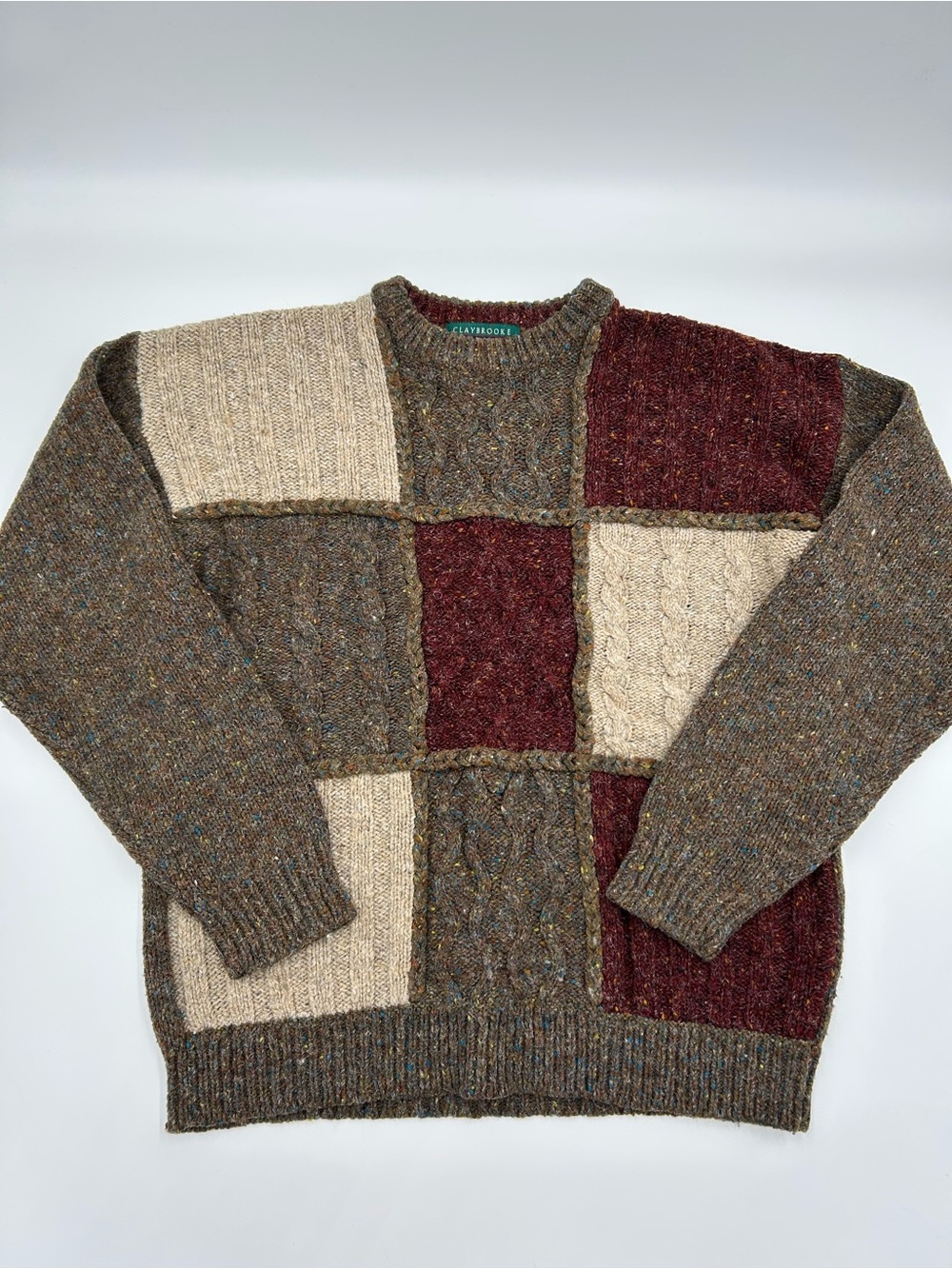 Clay Brooke Outdoors Wool blend Cable Sweater Brown, Beige & Burgundy XL